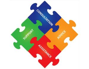 puzzle pieces representing consultation, advice, support and assistance